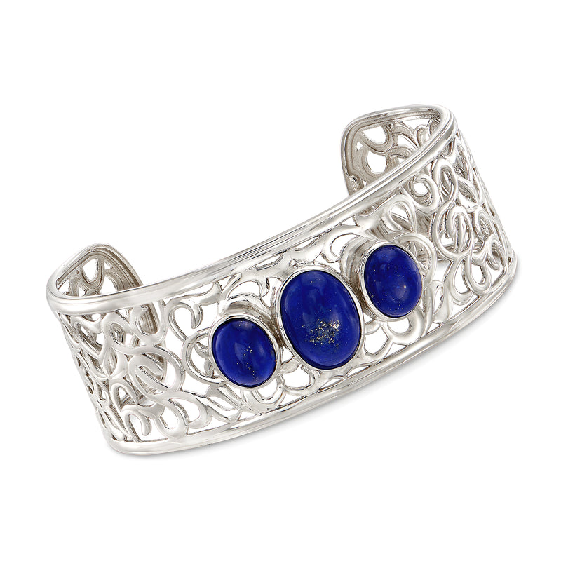 Sterling silver openwork cuff bracelet with three lapis-blue cabochon stones