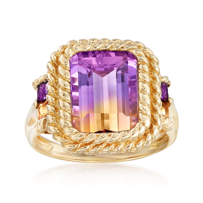 14kt yellow gold ring with large square purple gemstone and braided rope setting