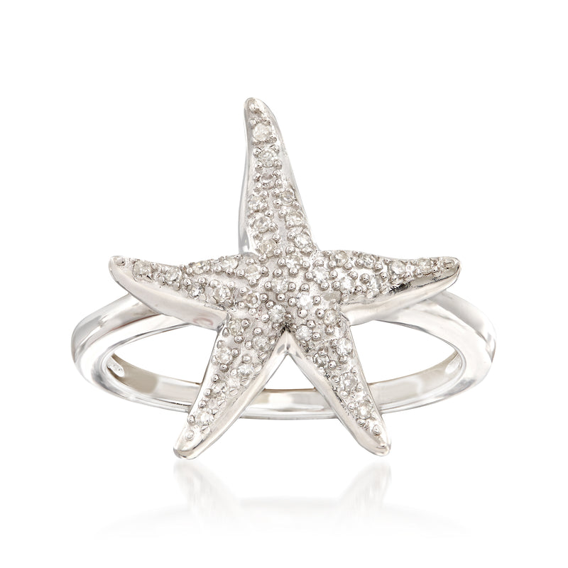 Sterling silver starfish ring with pave diamonds