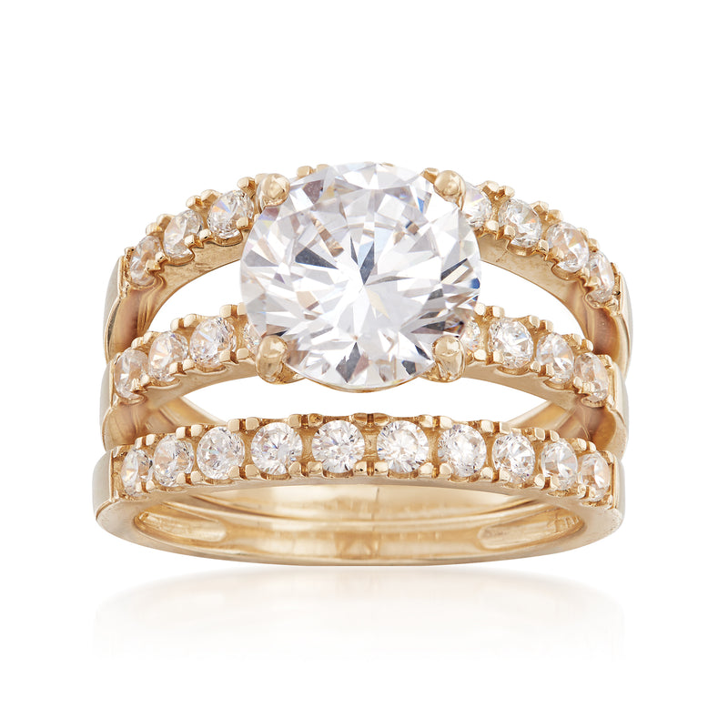 14kt yellow gold CZ bridal set with round center stone and pavé bands