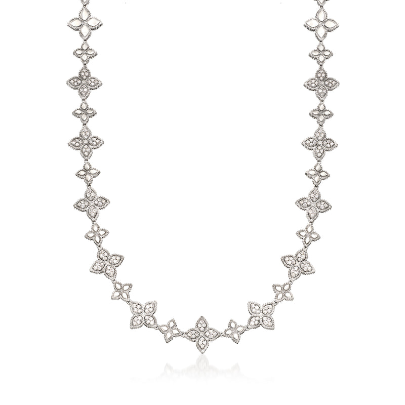 Roberto Coin diamond flower necklace in 18kt white gold with round diamond motifs