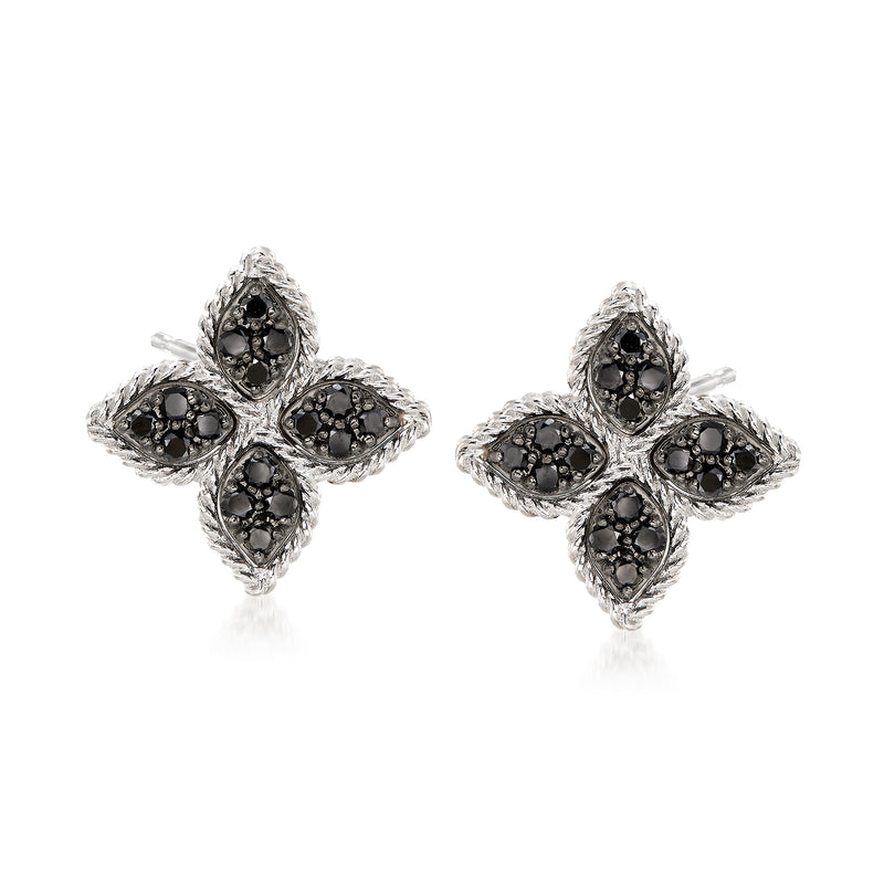 Black diamond flower stud earrings, 18k white gold post style.