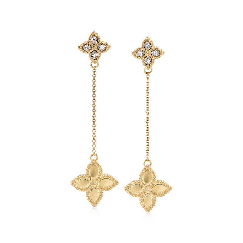 Yellow gold flower drop earrings with diamond accents, dangling beaded chain and charms