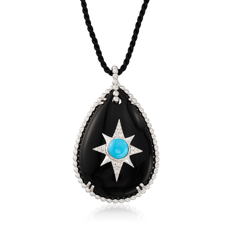 Teardrop star necklace with black onyx, turquoise center, sterling silver on black silk cord