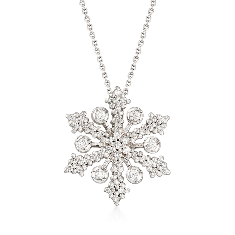 White gold snowflake diamond necklace with round pave and bezel-set accents