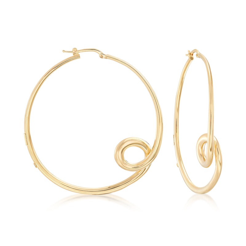 18kt yellow gold small loop hoop earrings with wrapped circular design