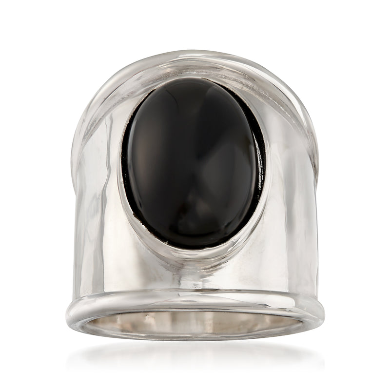 Sterling silver ring with a glossy black onyx oval gemstone centerpiece