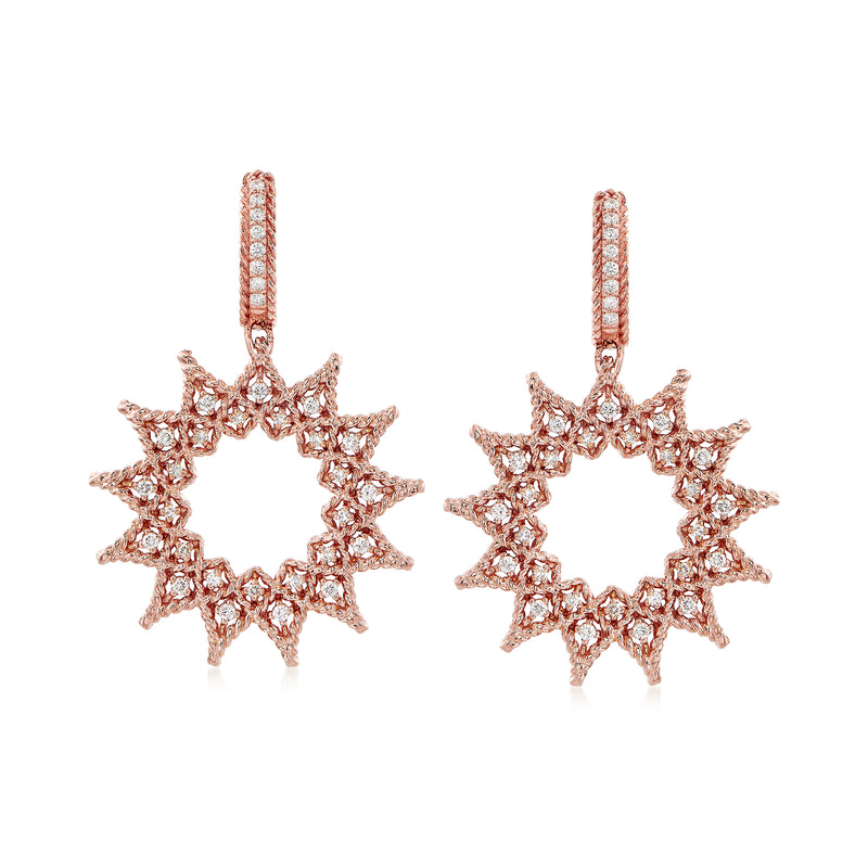 Rose gold diamond starburst drop earrings with circular spiked halo