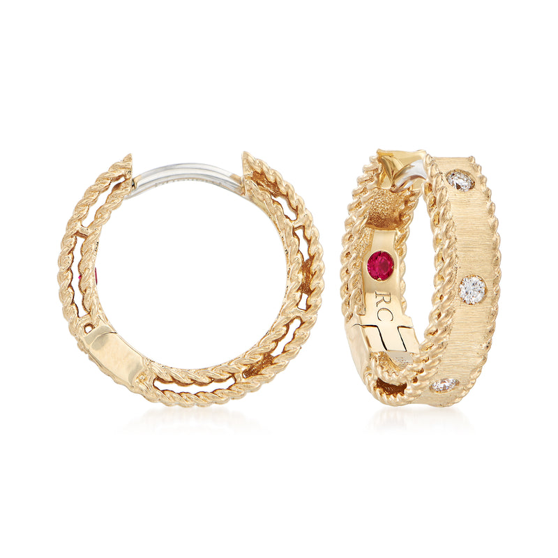 18kt yellow gold hoop earrings with diamond accents and a small red gemstone