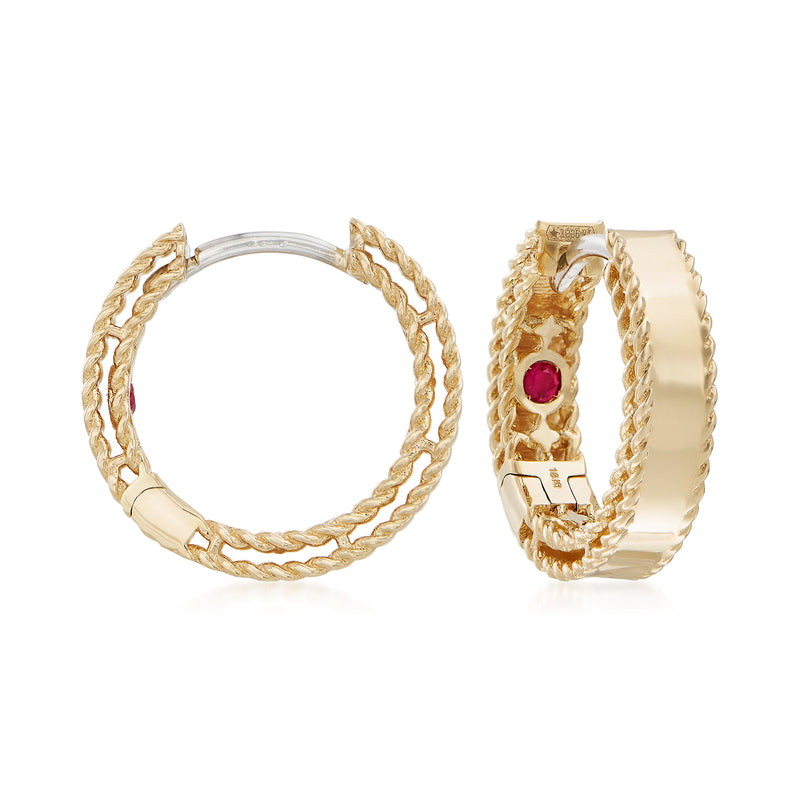 Roberto Coin 18kt yellow gold hoop earrings with twisted rope texture and red stone detail