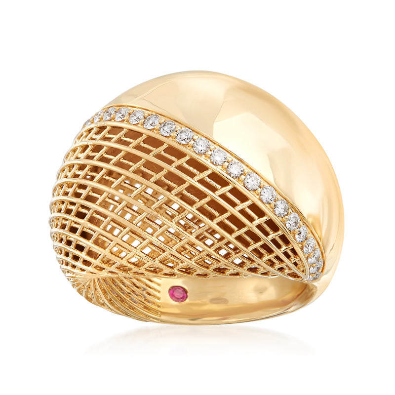 18kt yellow gold diamond and ruby lattice ring with curved openwork design
