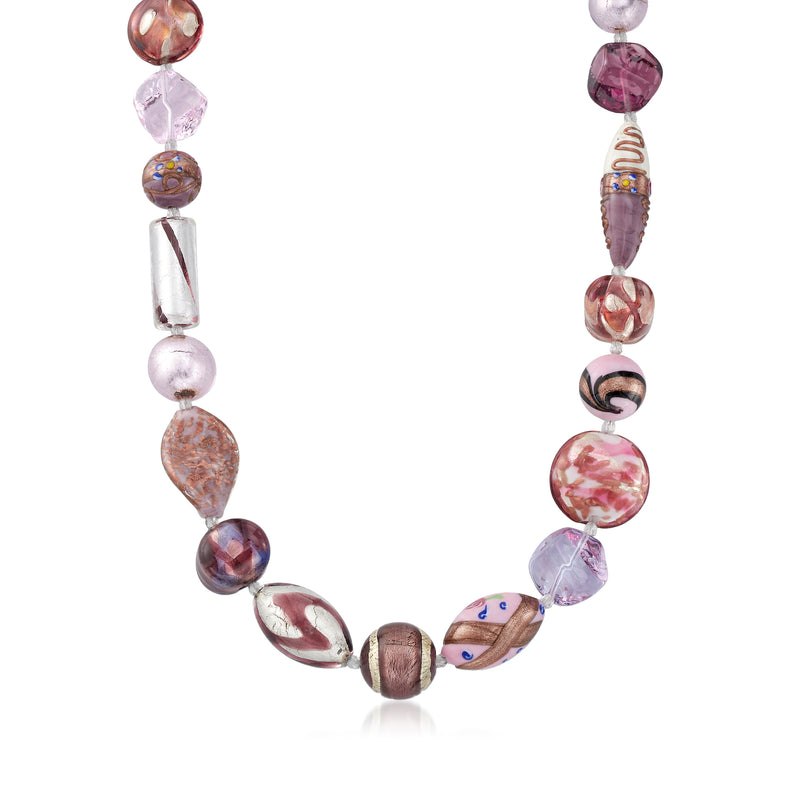 Murano glass bead necklace with pink and purple oval beads and sterling silver links