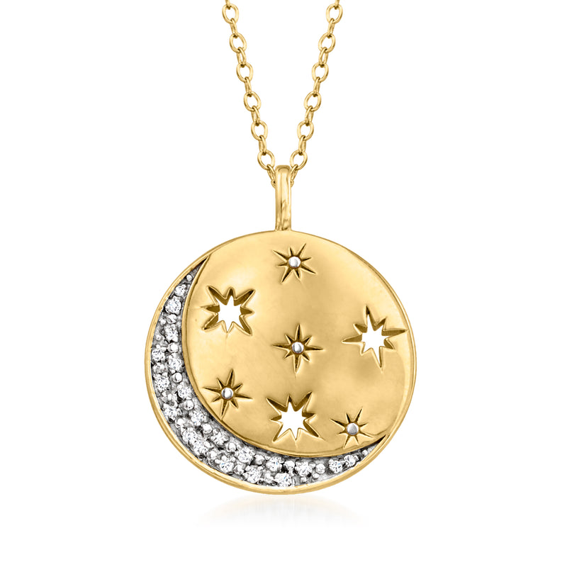 Gold moon and star disc pendant necklace with diamond crescent accent