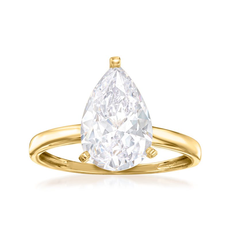 Pear-shaped CZ solitaire ring in 14kt yellow gold with a clear pear-cut stone