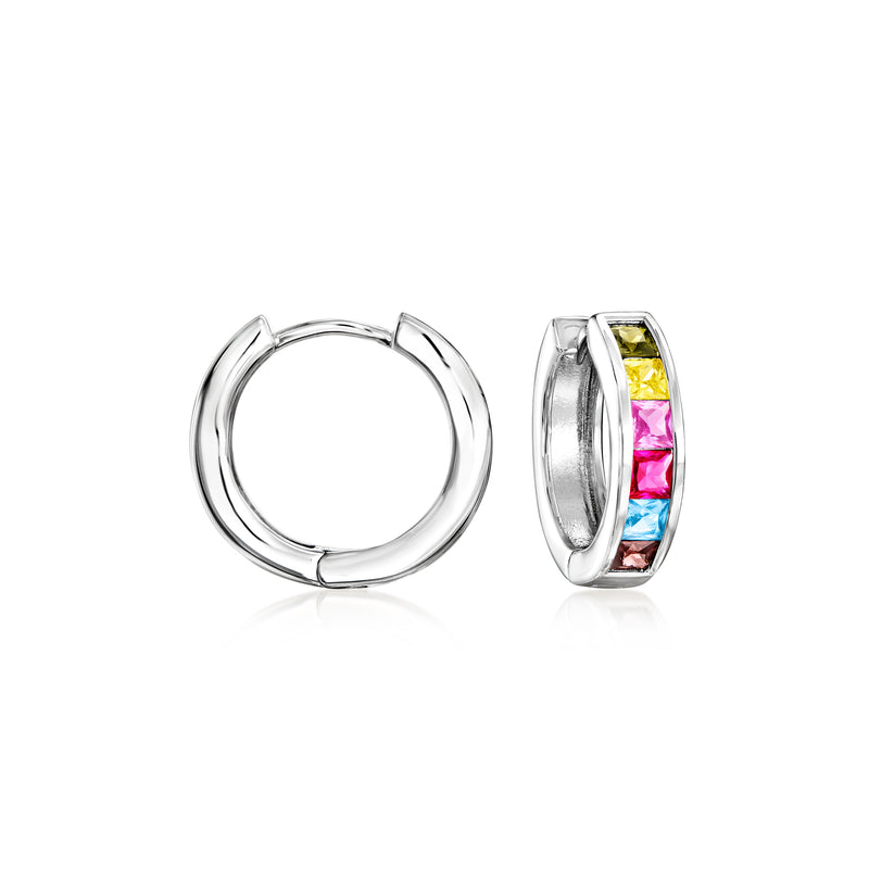 Sterling silver huggie hoop earrings with multicolored simulated sapphire stones