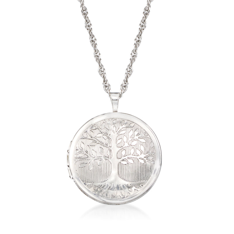 Sterling silver round tree-of-life locket necklace with hinged clasp and chain