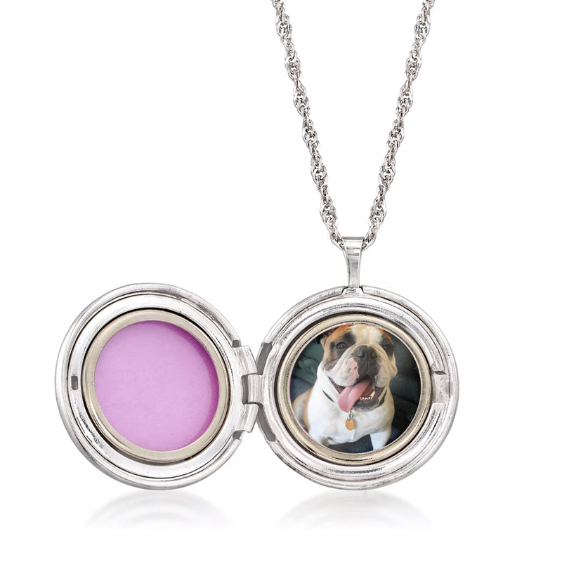 Sterling silver round locket necklace open with purple insert and pet photo