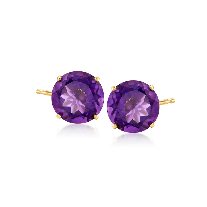 Amethyst stud earrings, 14kt yellow gold, oval purple gemstones, gold posts.