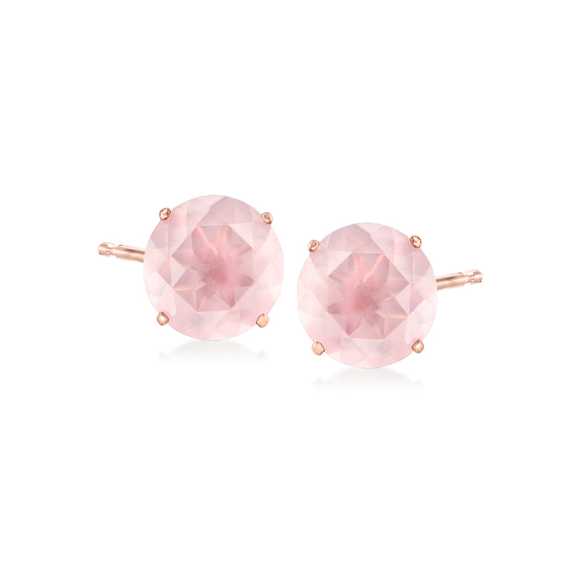 Rose quartz stud earrings in rose gold, round pink stones with prong settings