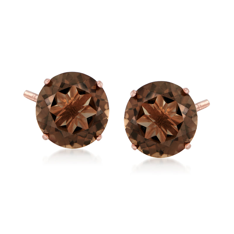 14kt rose gold smoky quartz stud earrings with round smoky gemstone