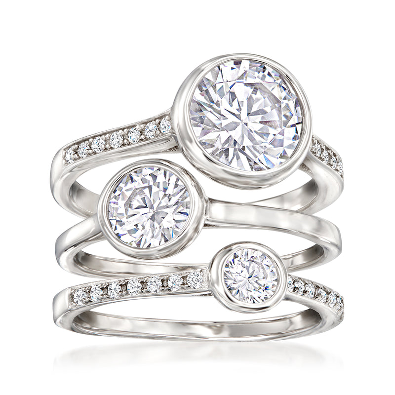 Three stackable sterling silver bezel rings with round CZ stones