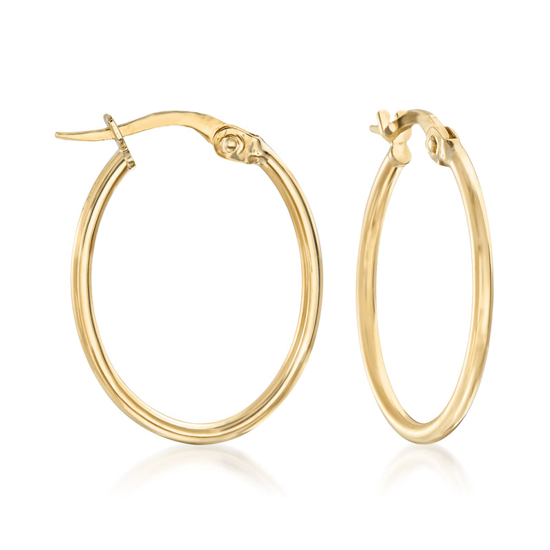 18kt yellow gold oval hoop earrings with hinged clasp, polished finish