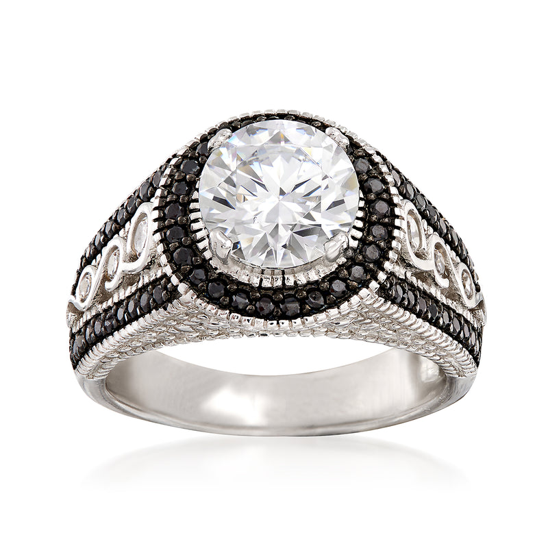 Sterling silver ring with round clear CZ center, black gemstone halo, braided side details