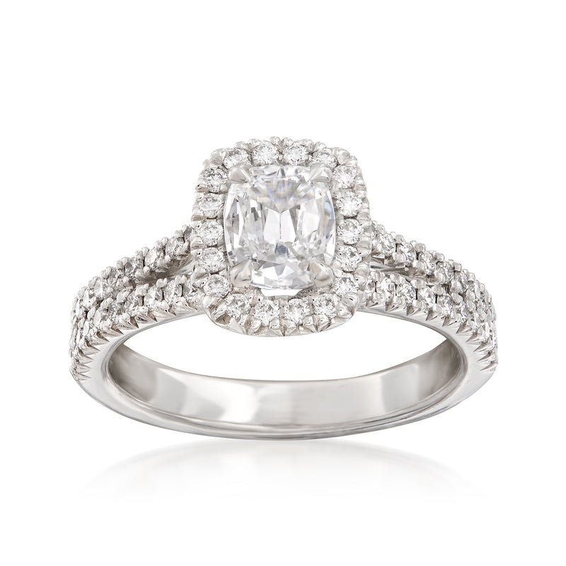 18kt white gold engagement ring with square-cut center diamond and round halo