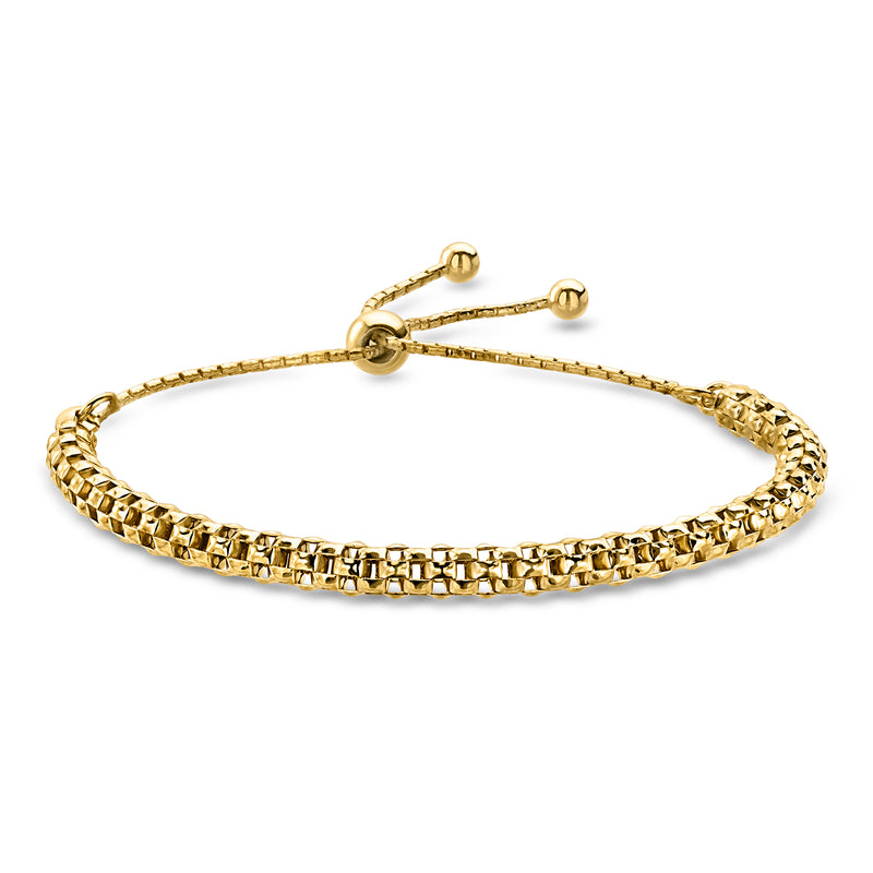 Gold-tone bolo bracelet with textured mesh links and round end beads