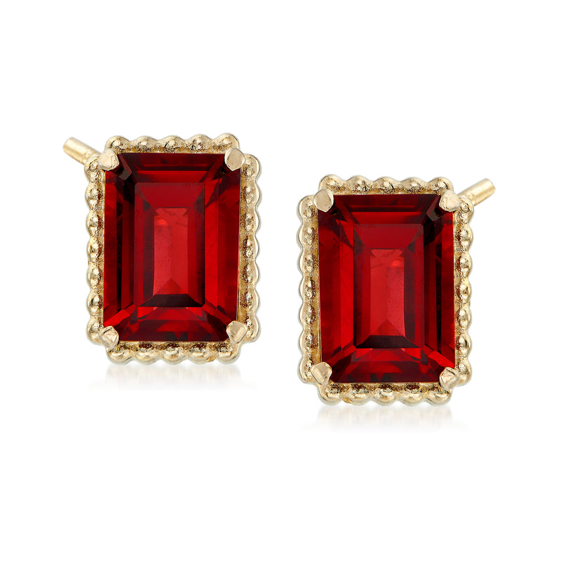 14kt yellow gold garnet stud earrings with red square stone and beaded frame