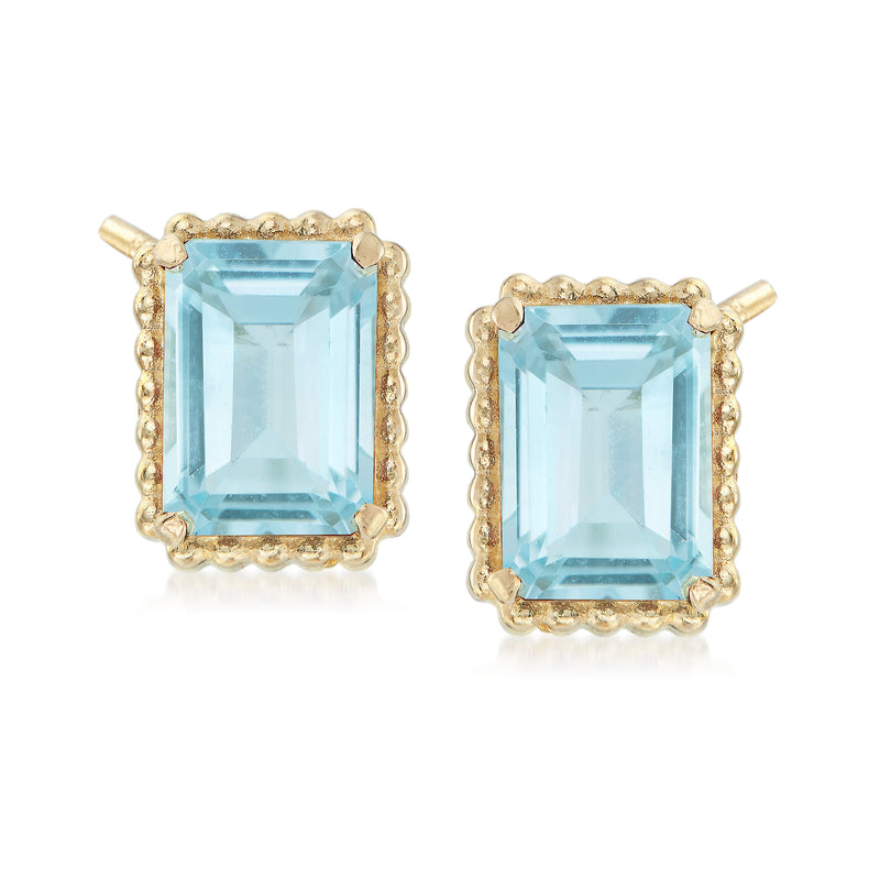 Blue topaz stud earrings with beaded 14kt yellow gold frame and post backs