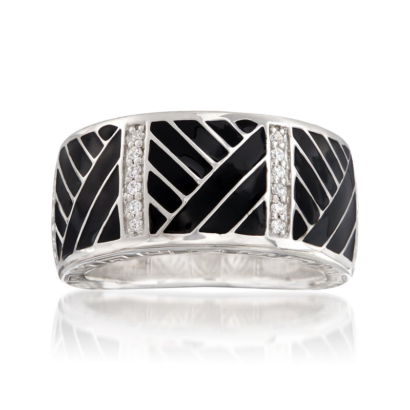 Sterling silver ring with black enamel stripes and clear CZ accents, rounded band