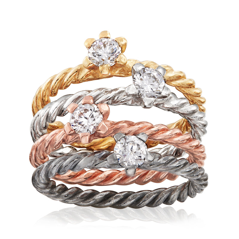 Multicolored CZ ring set of four twisted bands with round center stones, gold/silver/rose