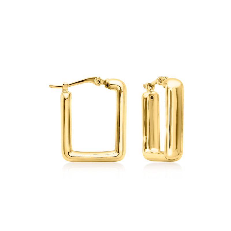 14kt yellow gold small square hoop earrings with hinge clasp, polished finish.