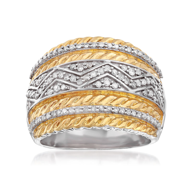 Two-tone sterling silver diamond three-row ring with textured gold-tone and pave accents