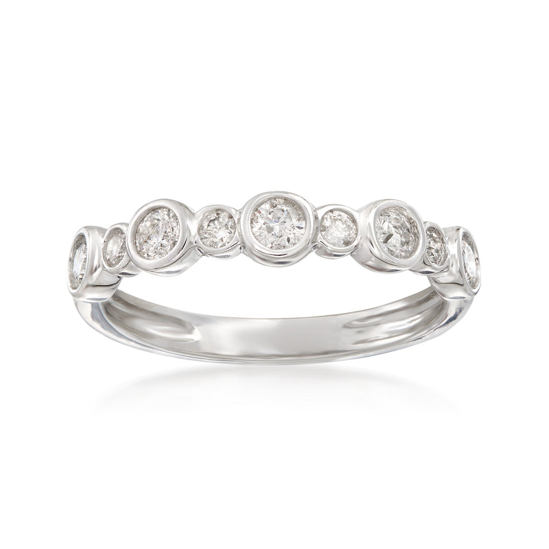 14kt white gold bezel-set diamond ring with five round stones, polished band