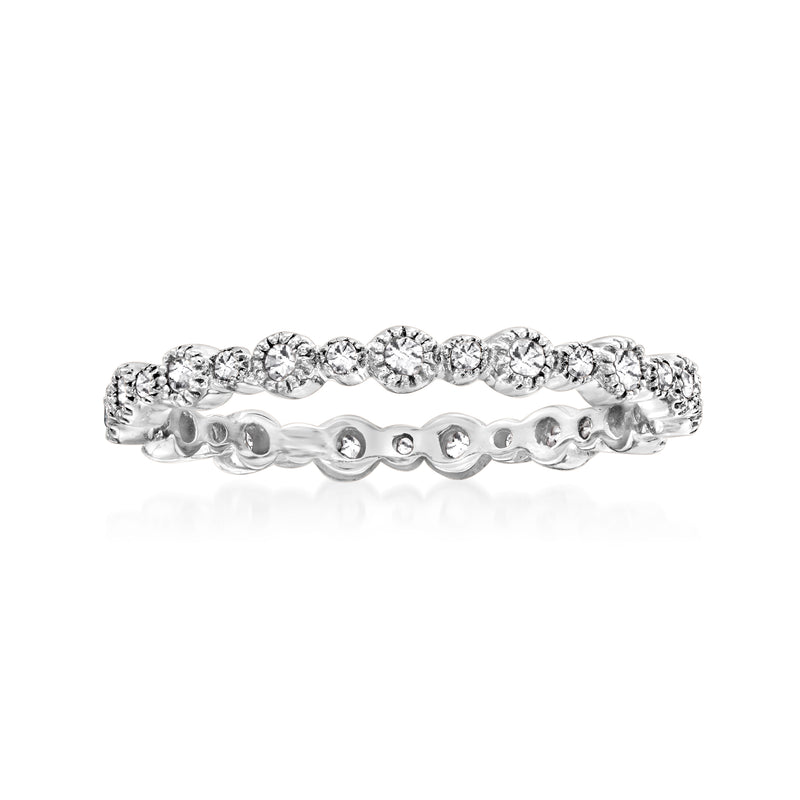 14kt white gold diamond eternity band with round stones in a continuous row