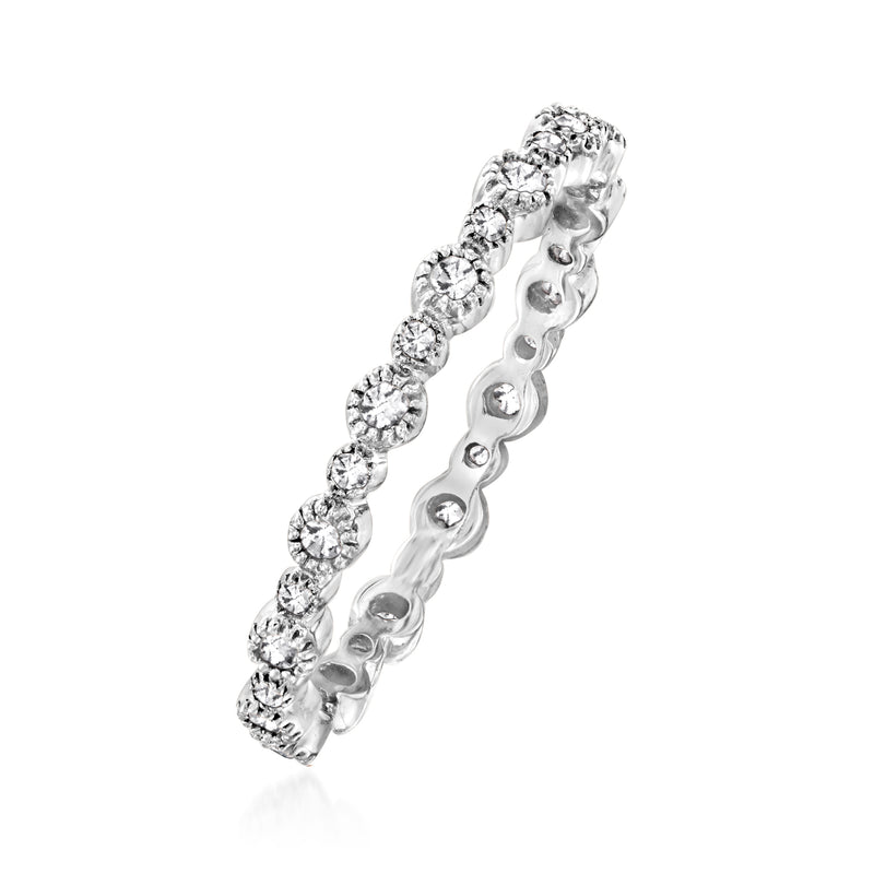 14kt white gold diamond eternity band, round stones on curved channel setting
