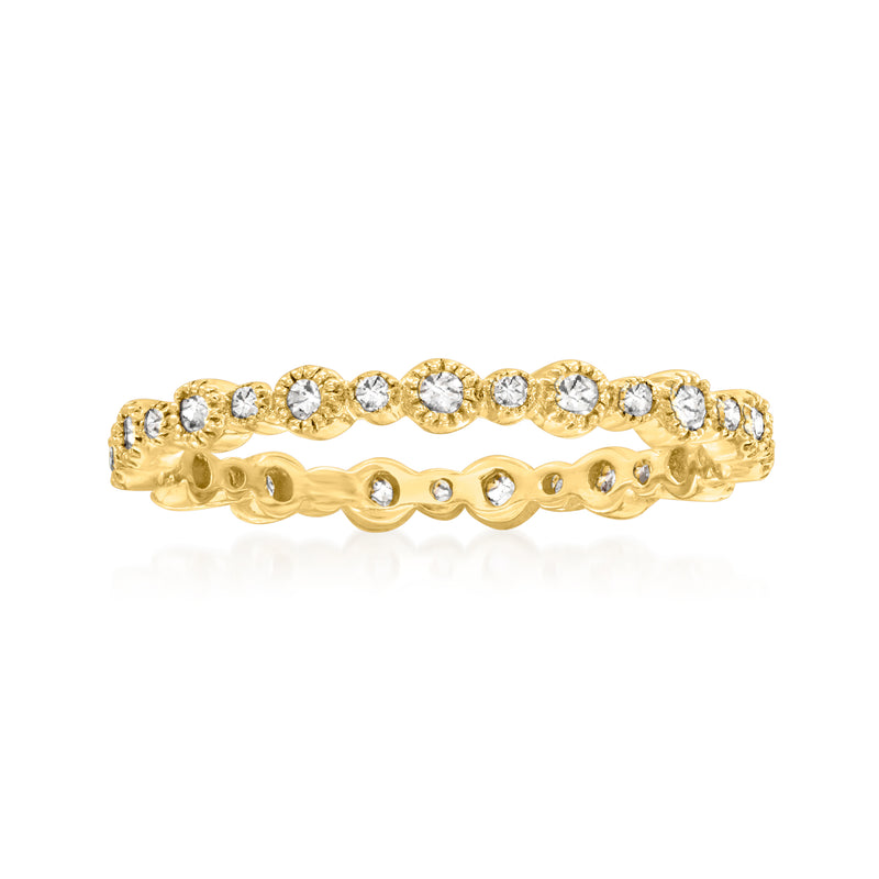 14kt yellow gold diamond eternity band with round stones and scalloped setting