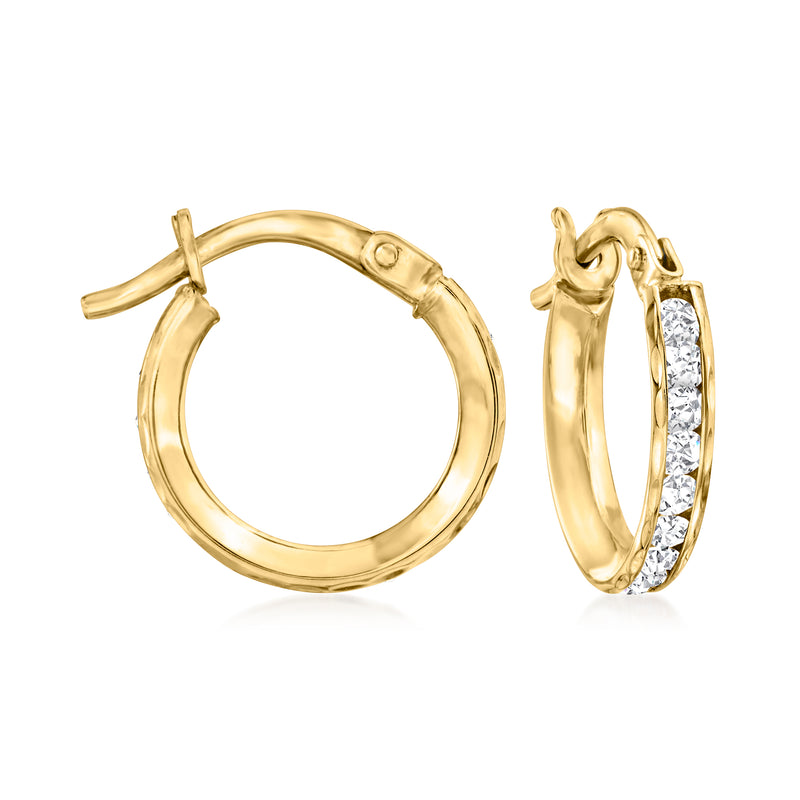 14kt yellow gold huggie hoop earrings with clear CZ stone accents