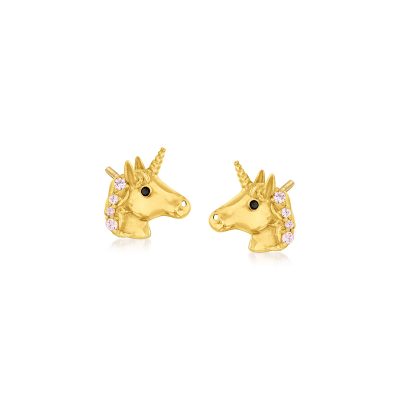 14kt yellow gold unicorn stud earrings with clear CZ stones and black enamel eyes
