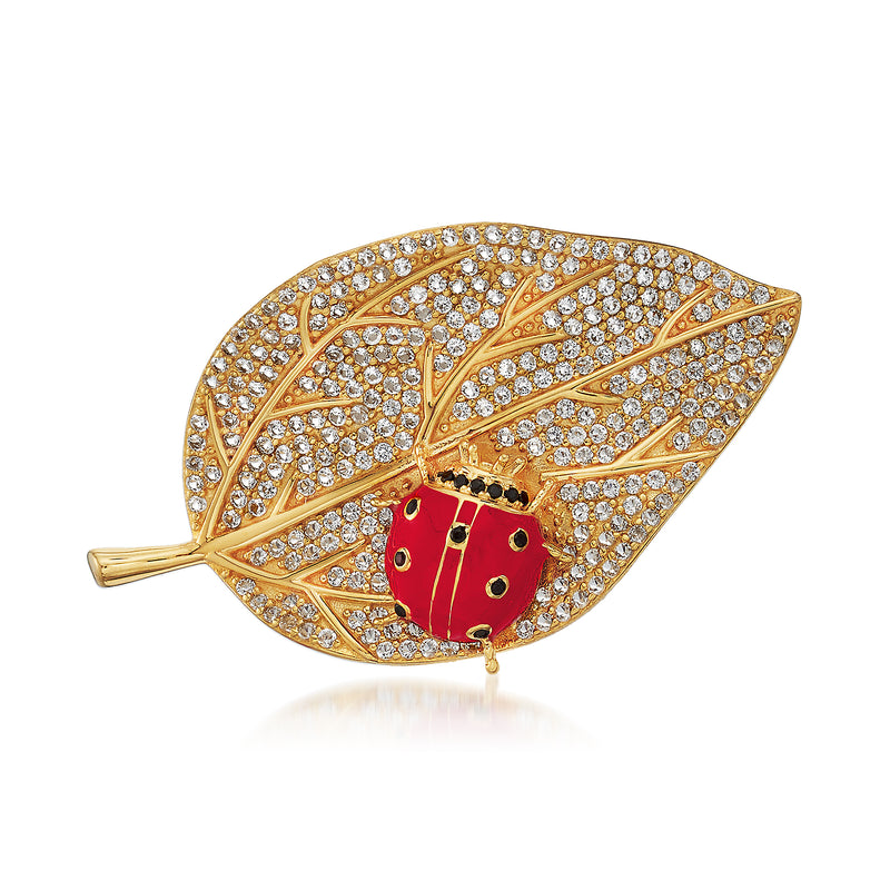 Leaf-shaped ladybug pin with red enamel body, clear stones, black accents, gold tone