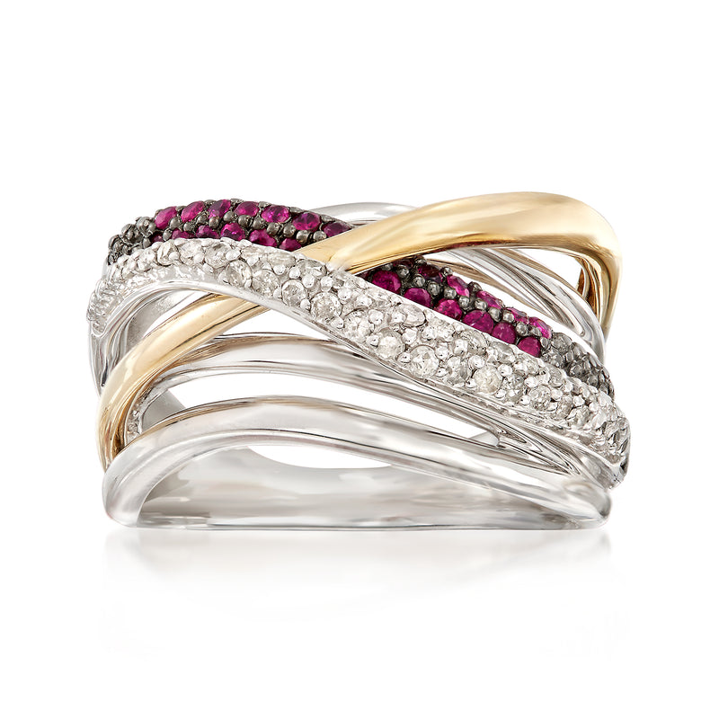 Crisscross diamond and ruby ring with sterling silver and 14kt gold accents.