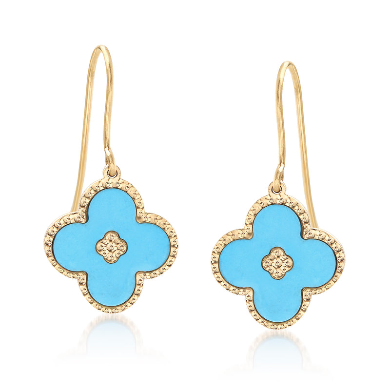 Turquoise flower drop earrings in 14kt yellow gold with textured clover motif and earwire