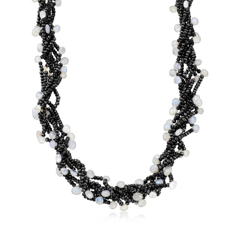 Black bead torsade necklace with iridescent moonstone beads