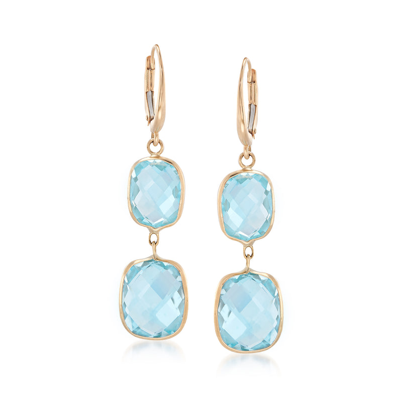 14kt yellow gold leverback drop earrings with two light blue faceted topaz stones each