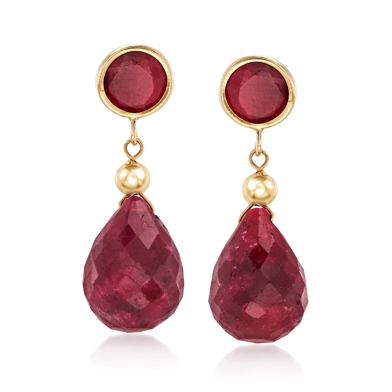 14kt yellow gold ruby drop earrings: round ruby top and faceted teardrop ruby