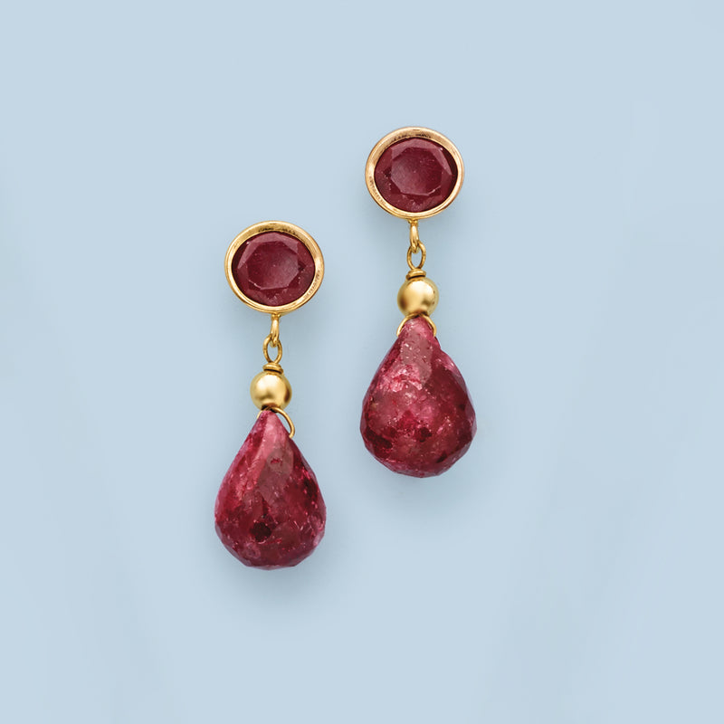 14kt yellow gold ruby drop earrings with round ruby tops and faceted teardrop rubies