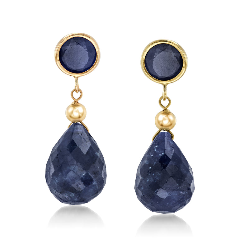 14kt yellow gold drop earrings with round and teardrop blue sapphire stones