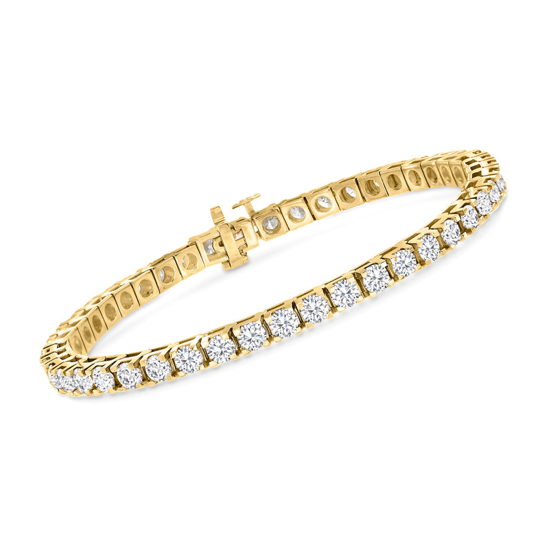 Yellow gold diamond tennis bracelet with round stones and hinged clasp